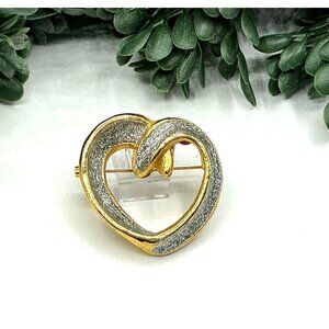 Gold Tone and Silver Glitter Heart Brooch Pin